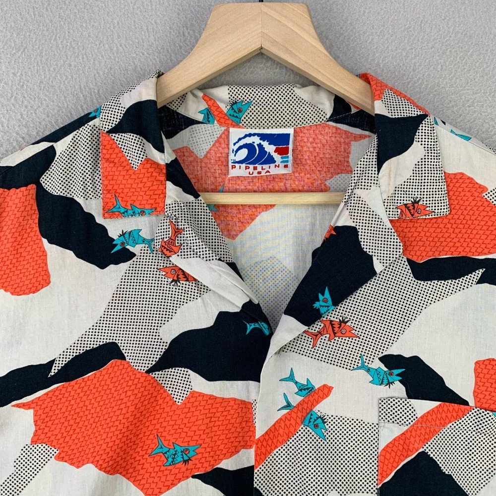 Vintage Pipeline USA Shark Camo Camp Shirt Mens XL Orange Surf Skate Hawaii Rare